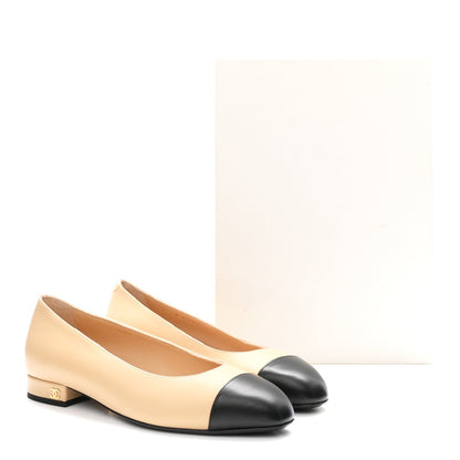 Lambskin Cap Toe CC Uniform Ballerina Flats 38 Beige Black