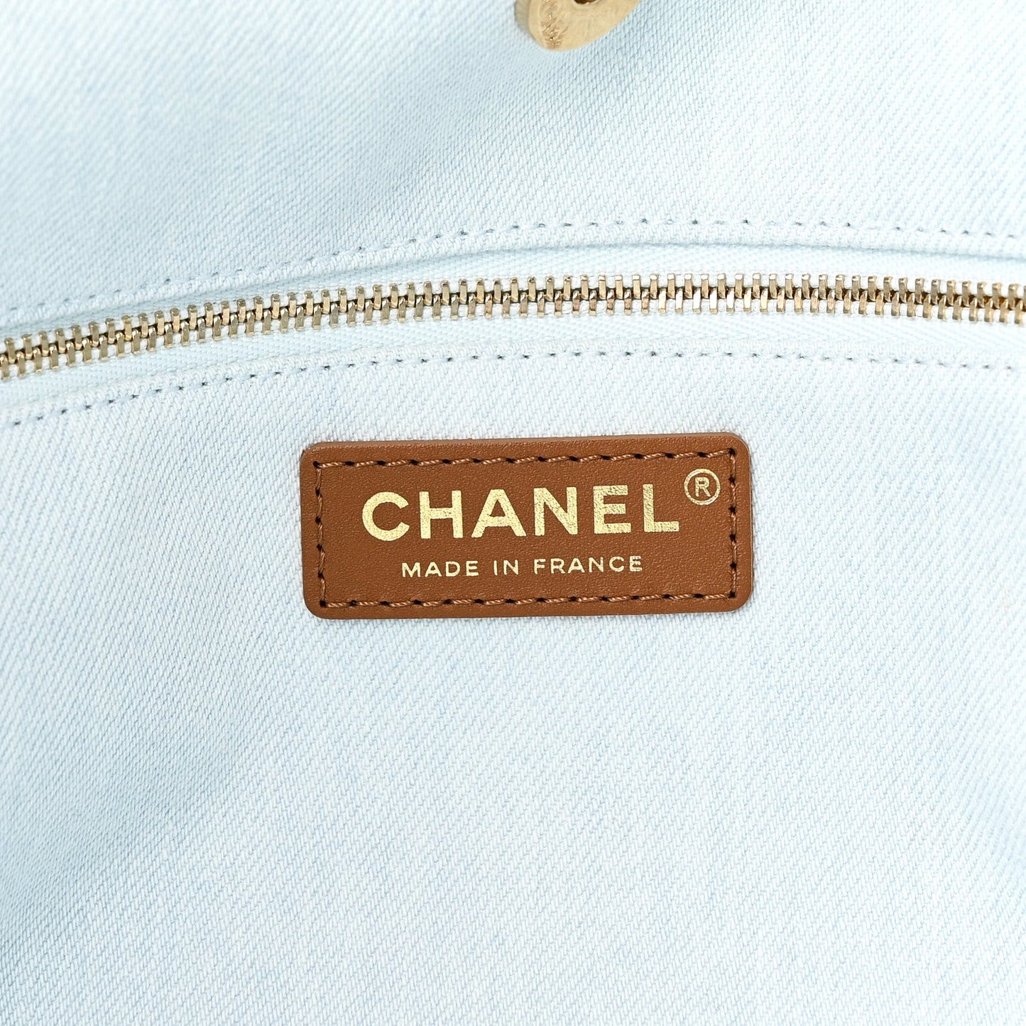 Denim Calfskin Quilted Coco Beach Small Shopping Tote Light Blue Brown