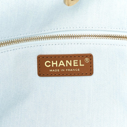 Denim Calfskin Quilted Coco Beach Small Shopping Tote Light Blue Brown