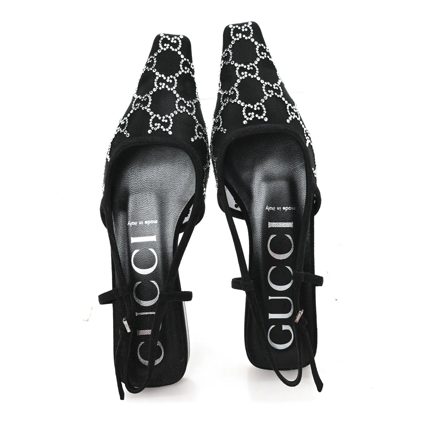 Gucci Tela Retino Kid Scamosciato Crystal GG Monogram Square G 35mm Slingback Pumps 38 Black