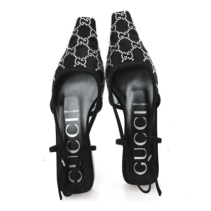 Gucci Tela Retino Kid Scamosciato Crystal GG Monogram Square G 35mm Slingback Pumps 38 Black