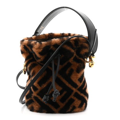 Shearling Vitello Dolce F is Fendi Macro FF 1974 Mini Mon Tresor Bucket Bag Tobacco Black