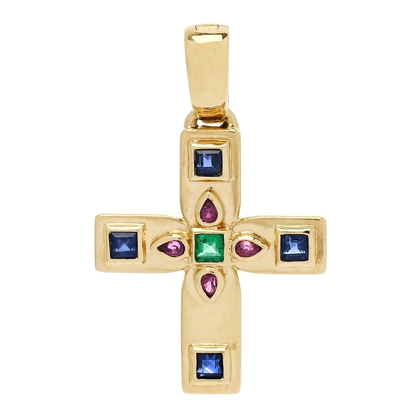 18K Yellow Gold Blue Sapphire Ruby Emerald Byzantine Cross Pendant