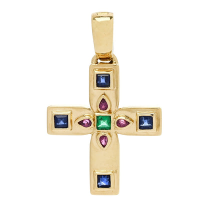 18K Yellow Gold Blue Sapphire Ruby Emerald Byzantine Cross Pendant