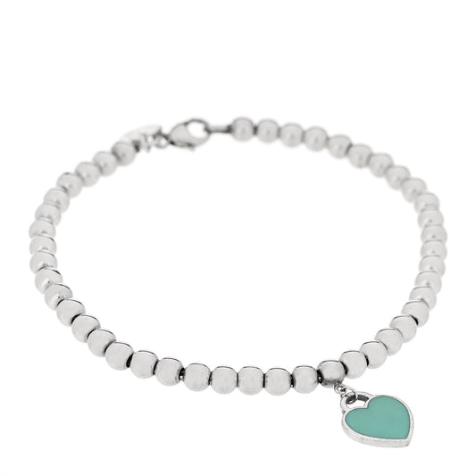 Sterling Silver Enamel 4mm Return To Tiffany Heart Tag Bead Bracelet Blue
