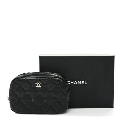 Lambskin Quilted Small Curvy Pouch Cosmetic Case Black