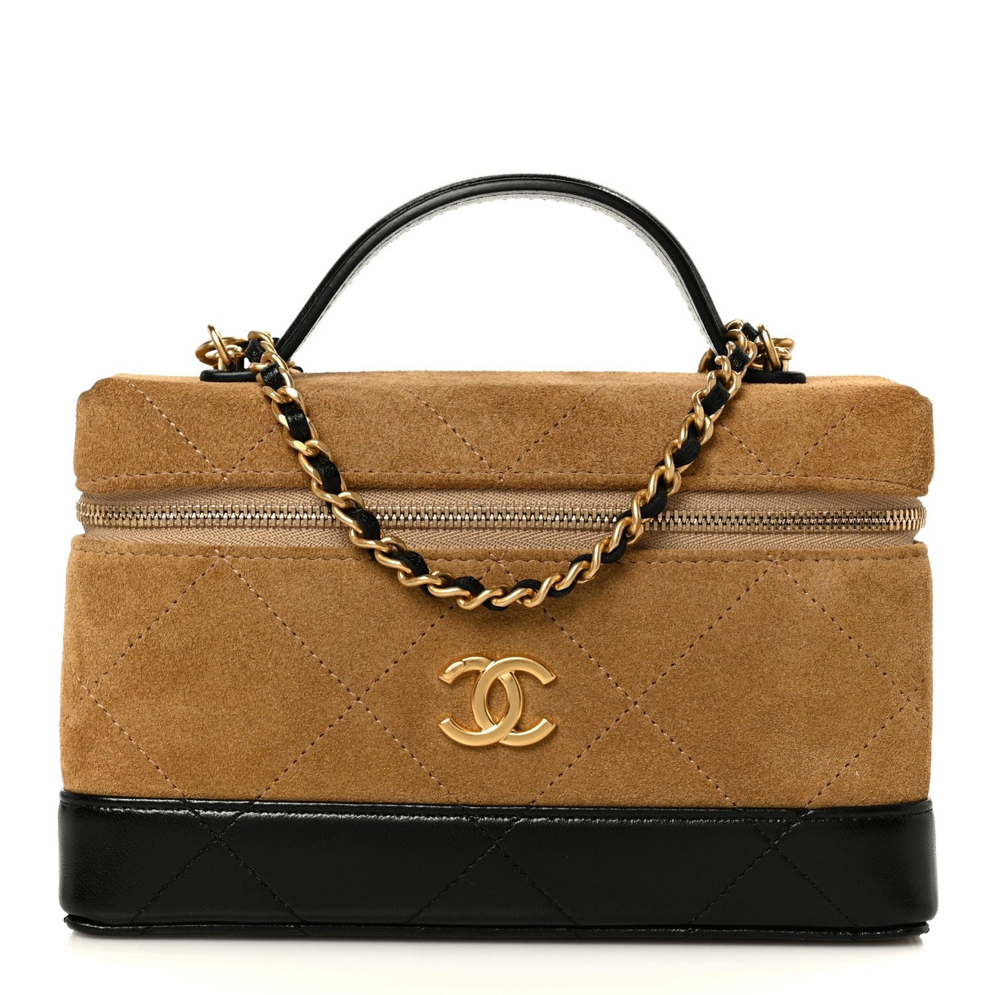 Suede Calfskin Shiny Lambskin Stitched Top Handle Slim Vanity Case With Chain Beige Black
