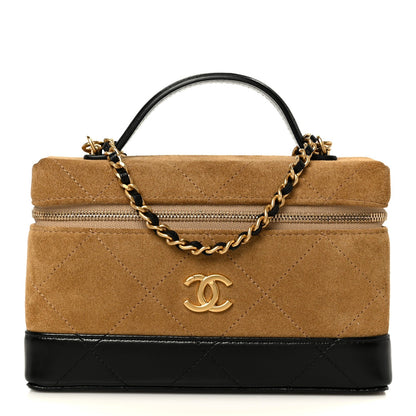 Suede Calfskin Shiny Lambskin Stitched Top Handle Slim Vanity Case With Chain Beige Black
