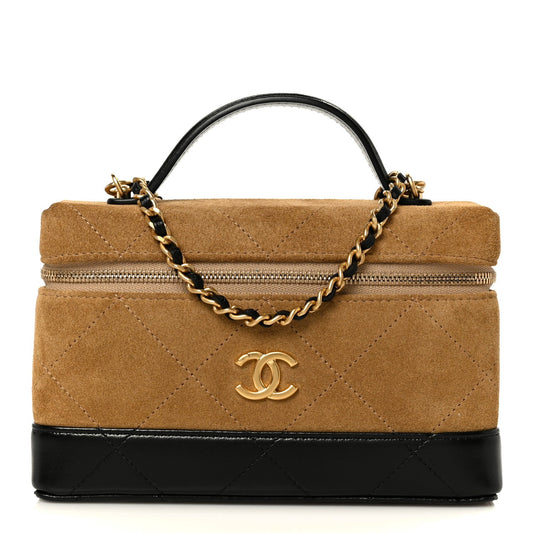 Suede Calfskin Shiny Lambskin Stitched Top Handle Slim Vanity Case With Chain Beige Black