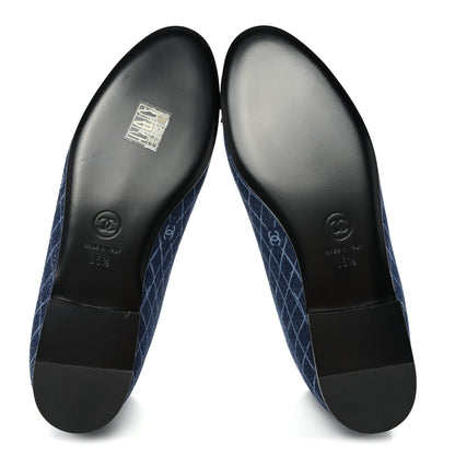 Denim Printed Quilt CC Cap Toe Ballerina Flats 35.5 Navy Blue Dark Grey