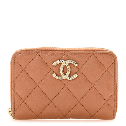 Caviar Quilted Textured CC Zip Around Coin Purse Beige