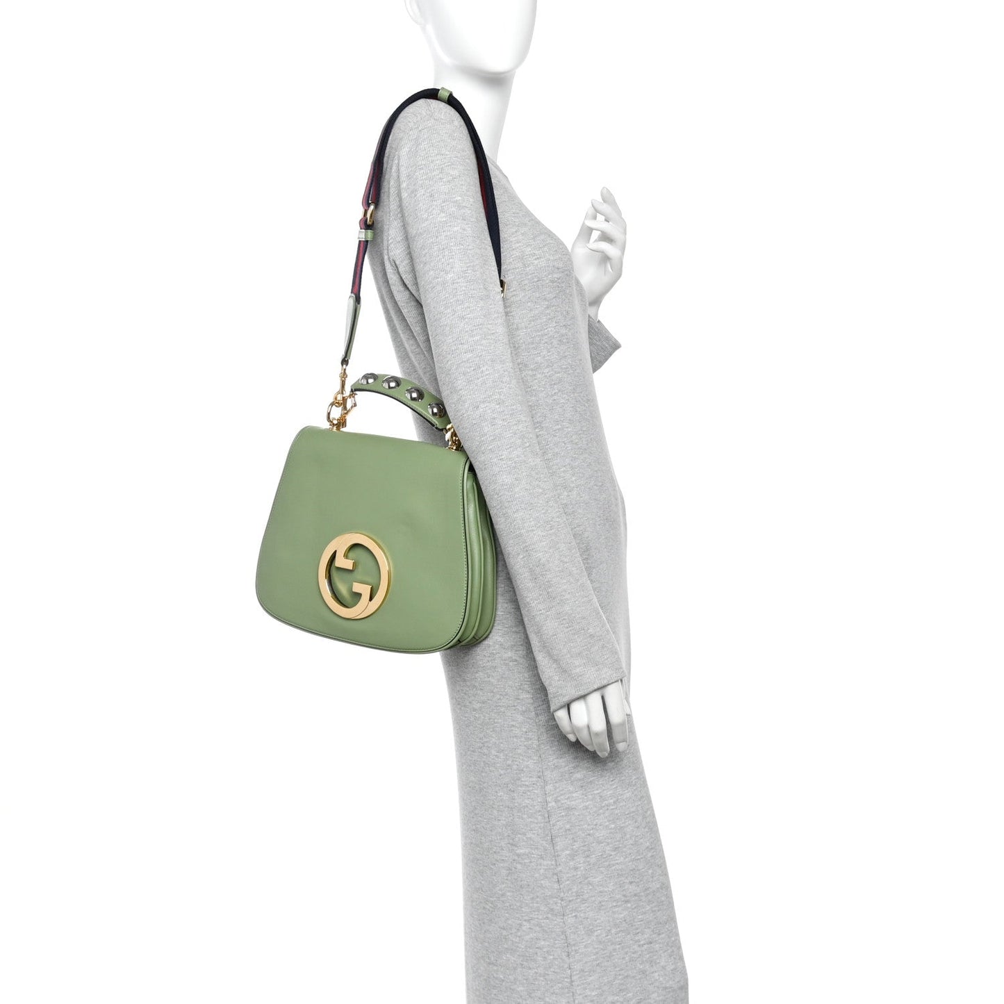 Roxy Calfskin Web Medium Blondie Top Handle Shoulder Flap Bag Salamander Green