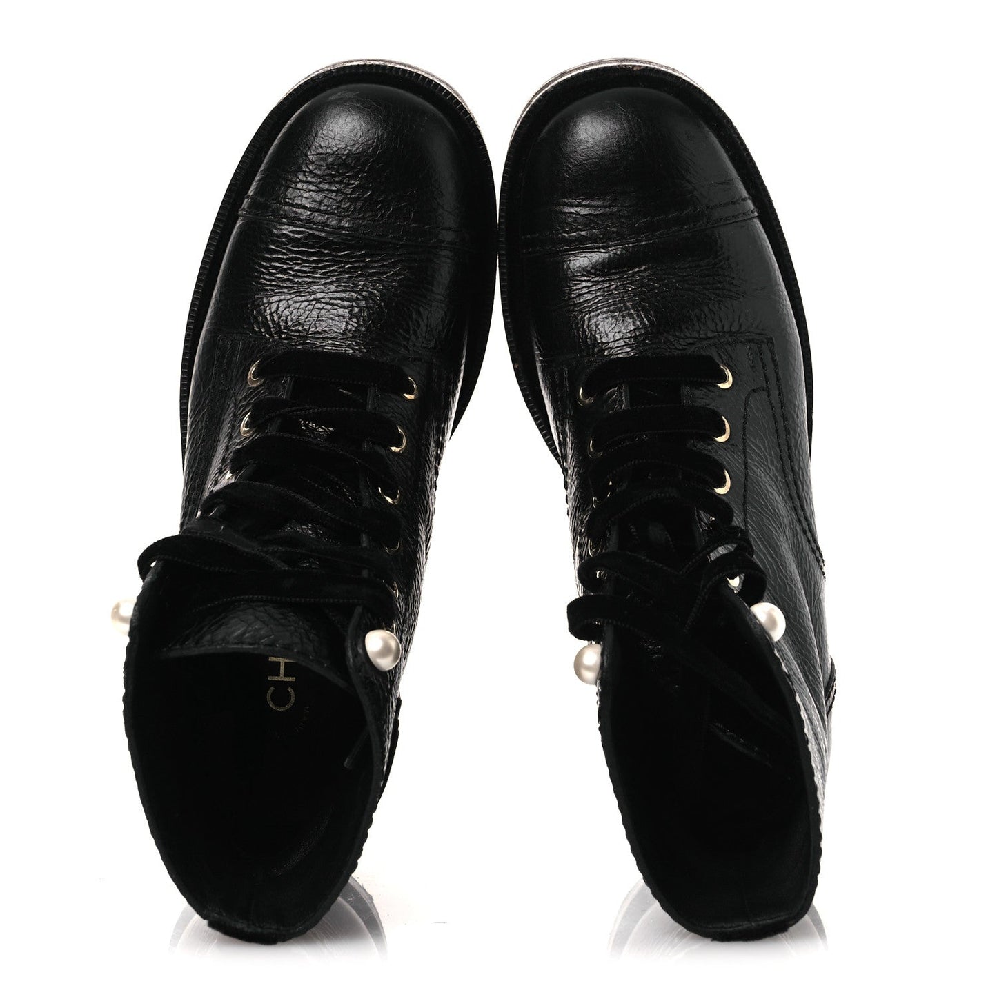 Shiny Calfskin Velvet Pearl Combat Short Boots 38 Black