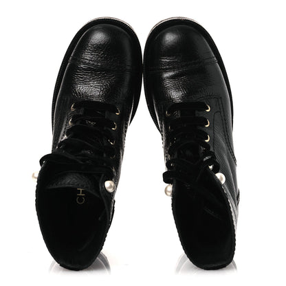 Shiny Calfskin Velvet Pearl Combat Short Boots 38 Black