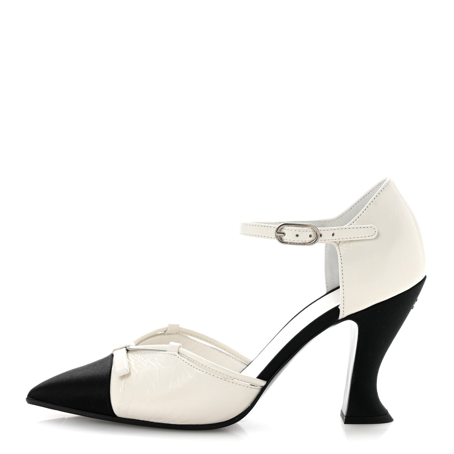 Crumpled Calfskin Satin Cap Toe CC Pumps 36 White Black
