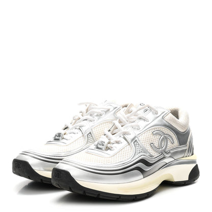 Fabric Laminated Calfskin Stretch CC Womens Sneakers 39 White Silver