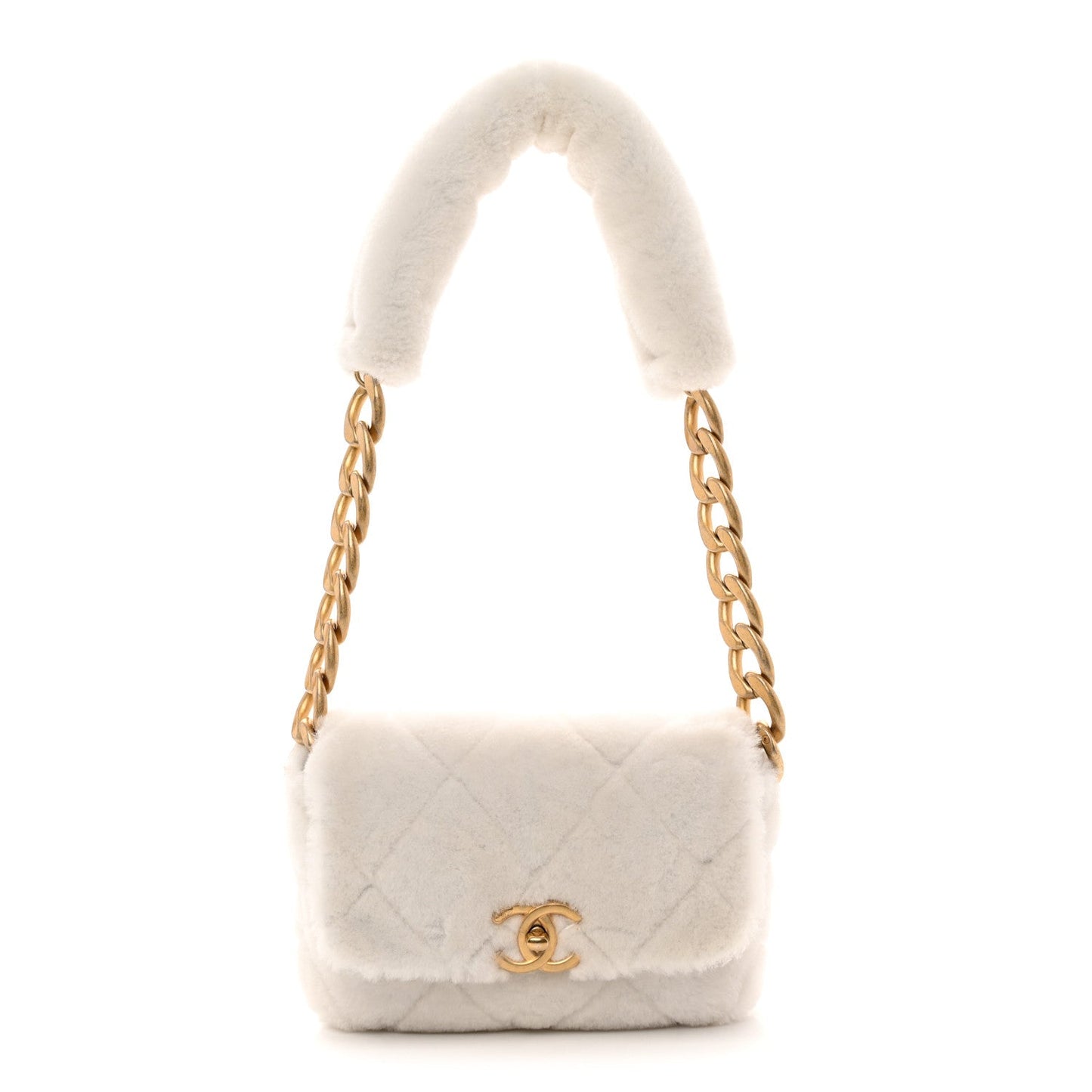 Shearling Lambskin Quilted CC Chain Flap White