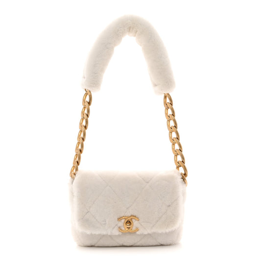 Shearling Lambskin Quilted CC Chain Flap White