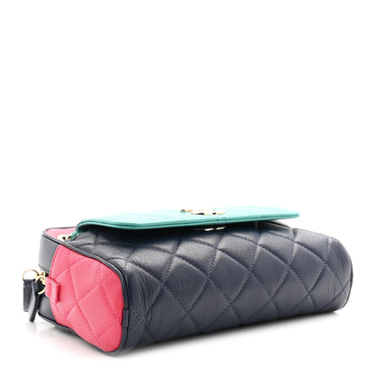 Goatskin Quilted Tri-Color Small In & Out Camera Case Navy Turquoise Pink