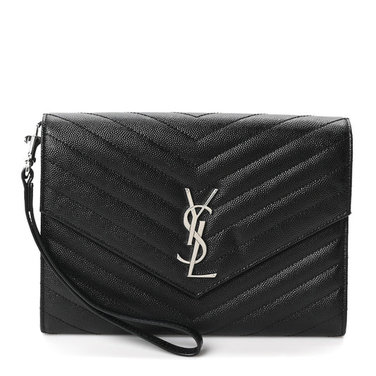 Grain De Poudre Matelasse Chevron Monogram Envelope Clutch Black