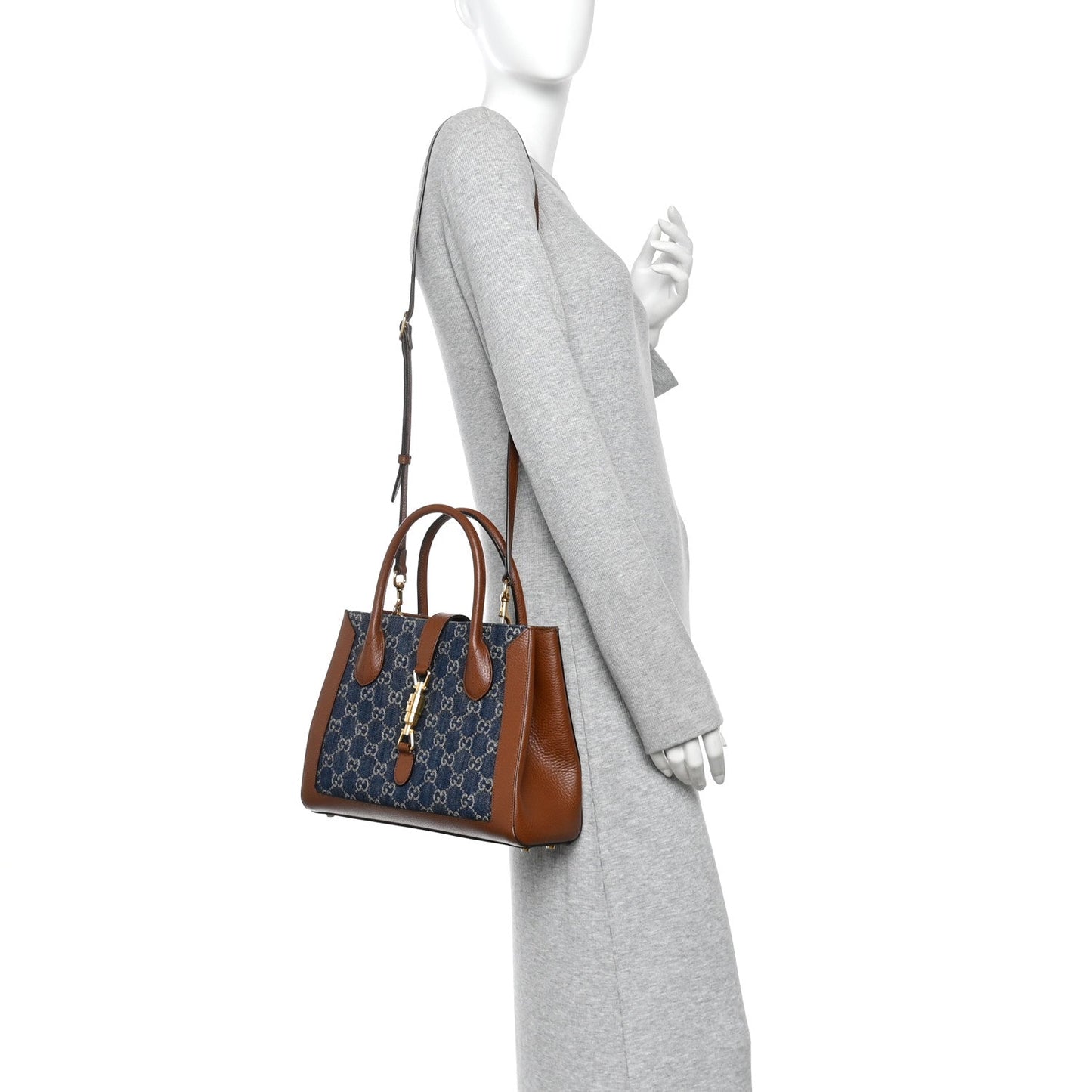 New Denim GG Monogram Dollar Calfskin Medium Jackie 1961 Tote Blue Tea Cuir Epilog