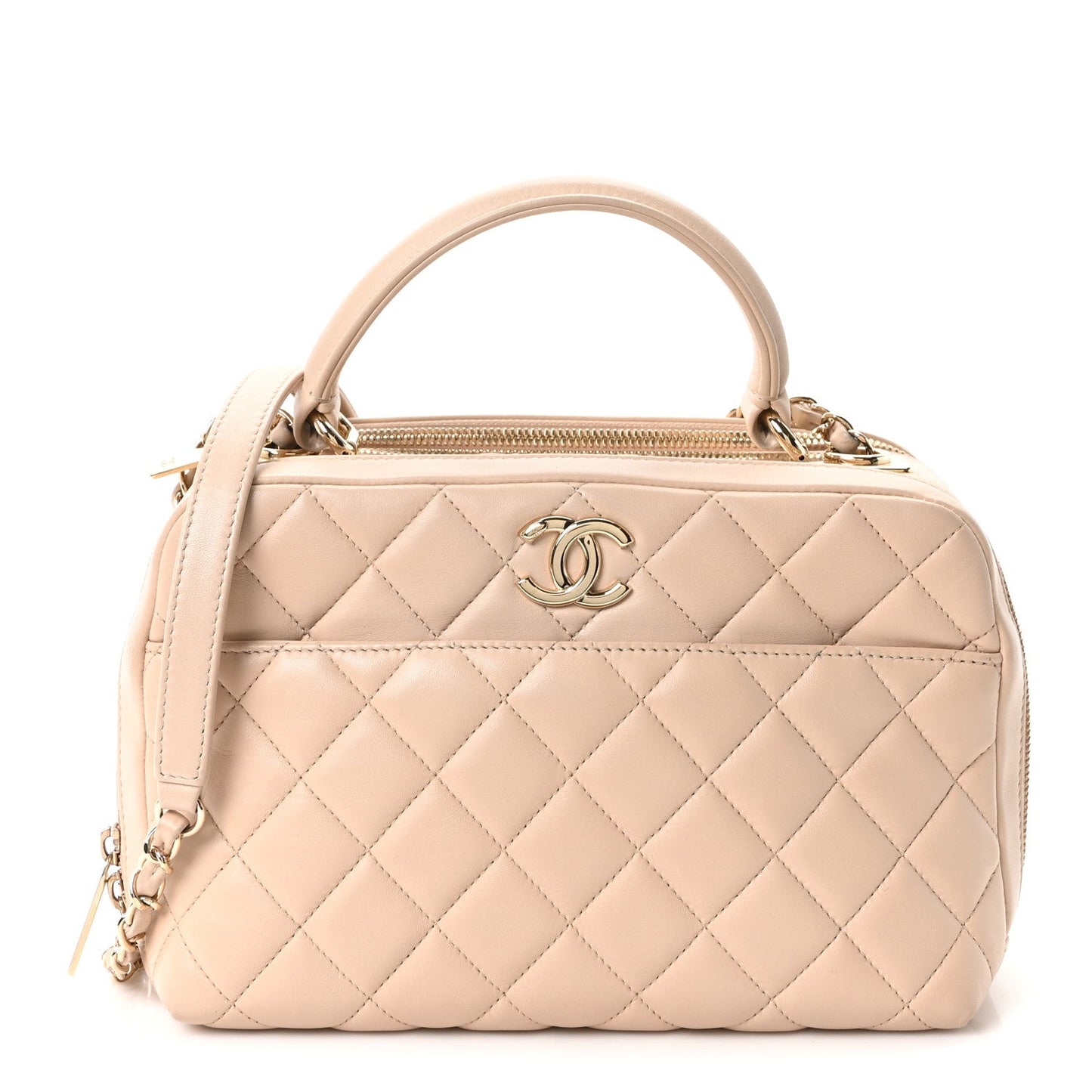 Lambskin Quilted Medium Trendy CC Bowling Bag Beige