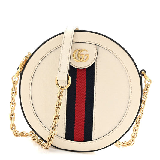 Textured Calfskin Web Mini Ophidia Round Shoulder Bag Mystic White