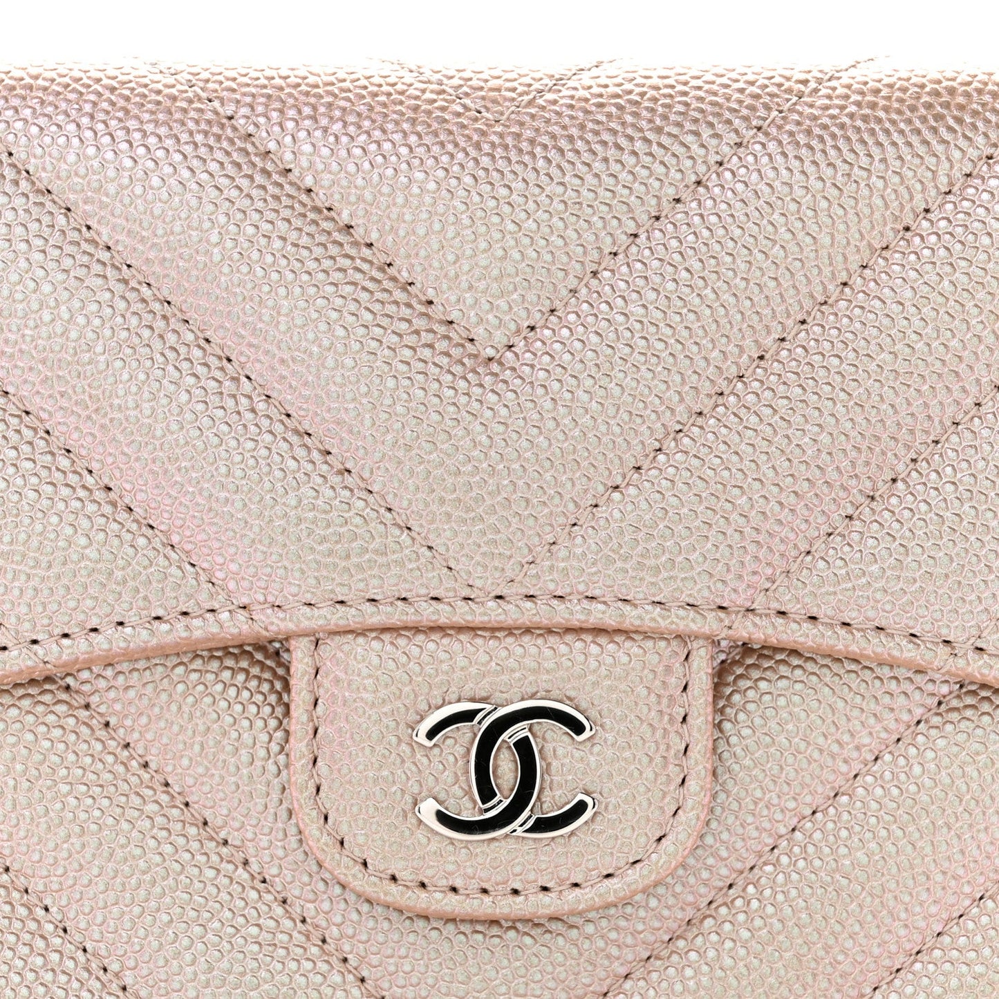 Metallic Caviar Chevron Quilted Compact Flap Wallet Light Gold