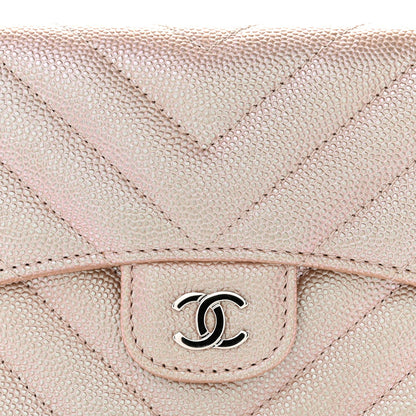 Metallic Caviar Chevron Quilted Compact Flap Wallet Light Gold