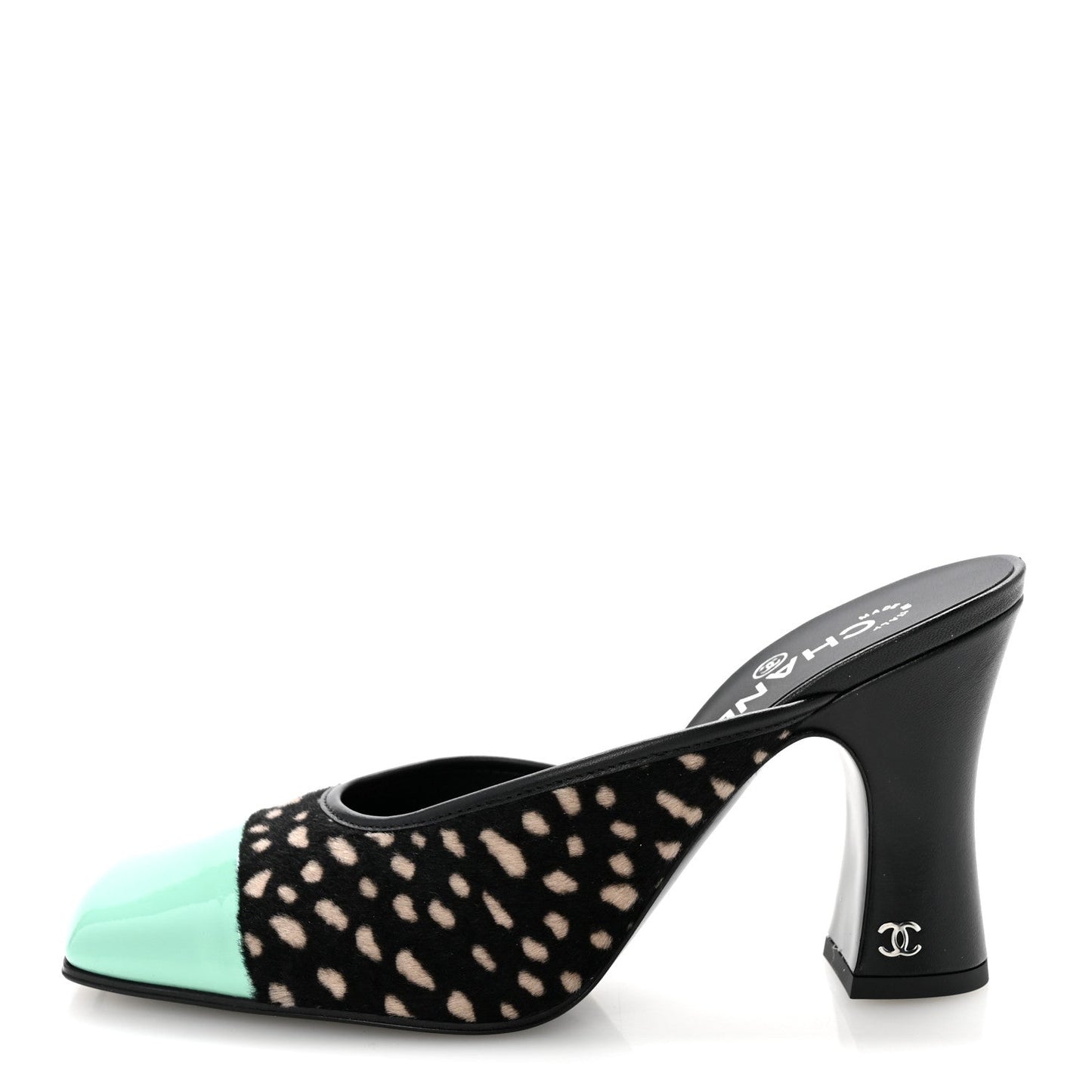 Pony Hair Lambskin Patent Calfskin Cap Toe Mules 38.5 Black White Green