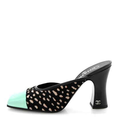 Pony Hair Lambskin Patent Calfskin Cap Toe Mules 38.5 Black White Green