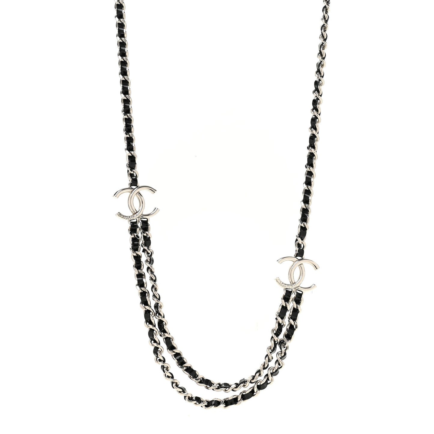 Metal Patent CC Double Chain Necklace Black Silver