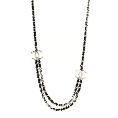 Metal Patent CC Double Chain Necklace Black Silver