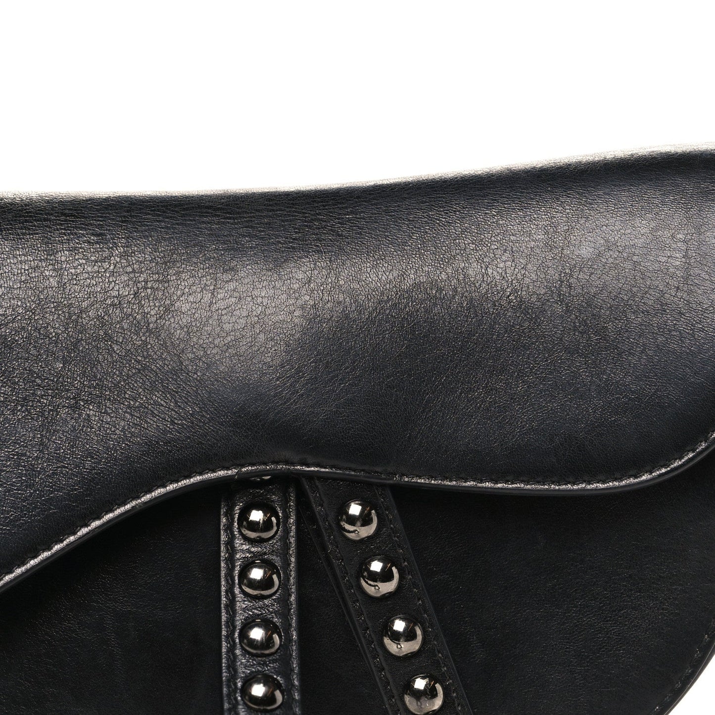 Shiny Crinkled Calfskin Studded Saddle Bag Black