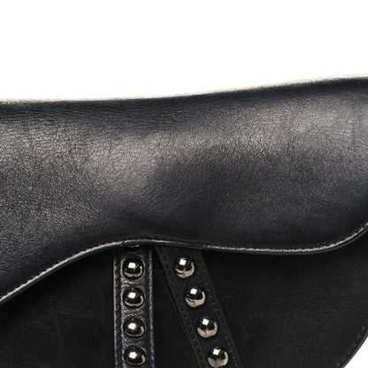 Shiny Crinkled Calfskin Studded Saddle Bag Black