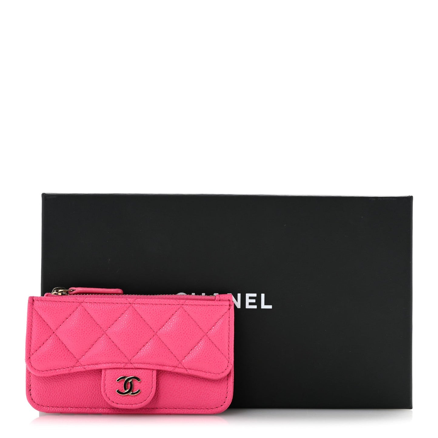 Caviar Quilted Flap Zip Card Holder Dark Pink