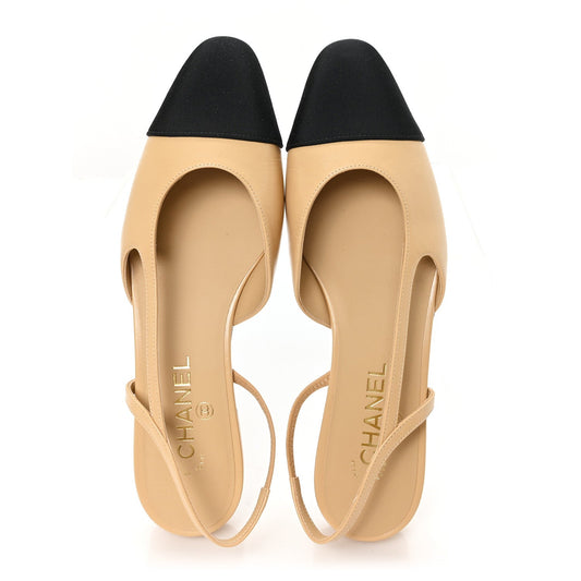 Lambskin Grosgrain Cap Toe CC Slingback Sandals 40 Beige Black