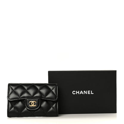 Lambskin Quilted Flap Card Holder Wallet Black