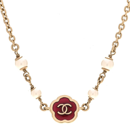 Pearl Enamel CC Camellia Short Necklace Pink Gold