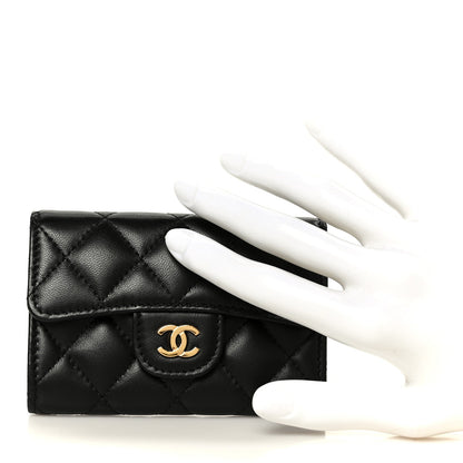 Lambskin Quilted Flap Card Holder Wallet Black