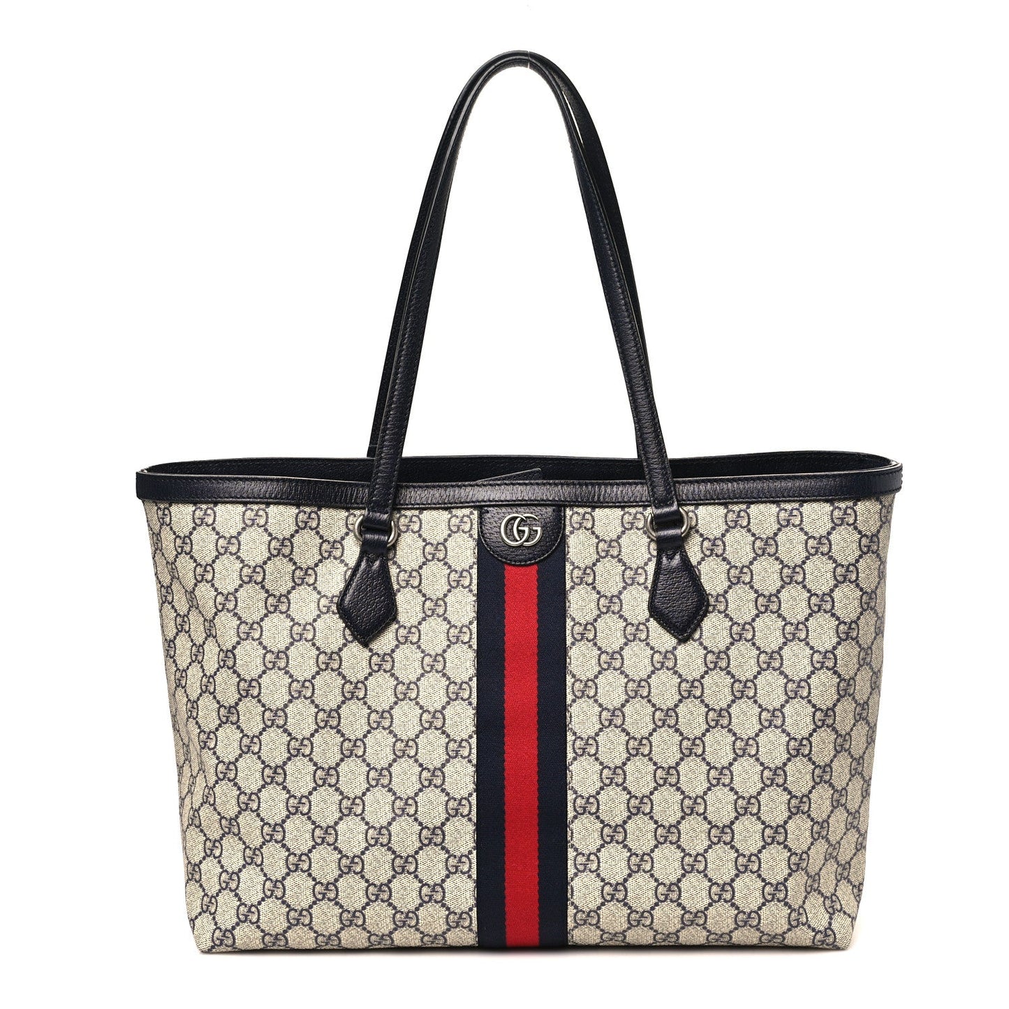 GG Supreme Monogram Textured Calfskin Web Medium Ophidia Shopping Tote Beige Blue