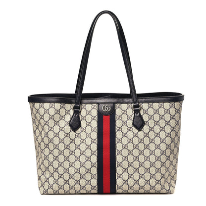 GG Supreme Monogram Textured Calfskin Web Medium Ophidia Shopping Tote Beige Blue