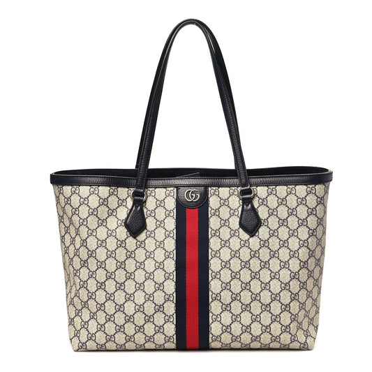 GG Supreme Monogram Textured Calfskin Web Medium Ophidia Shopping Tote Beige Blue