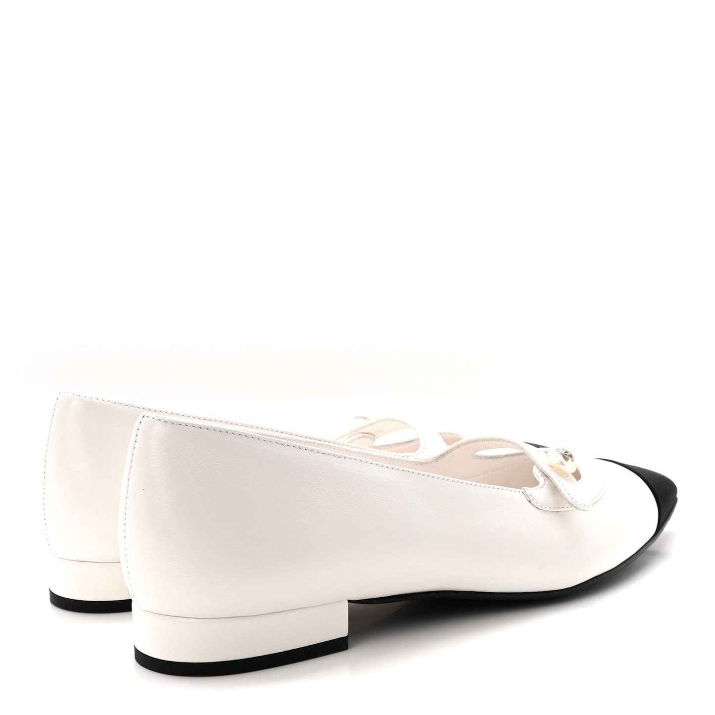Shiny Lambskin Grosgrain Pearl Mary Janes Flats 37.5 White Black