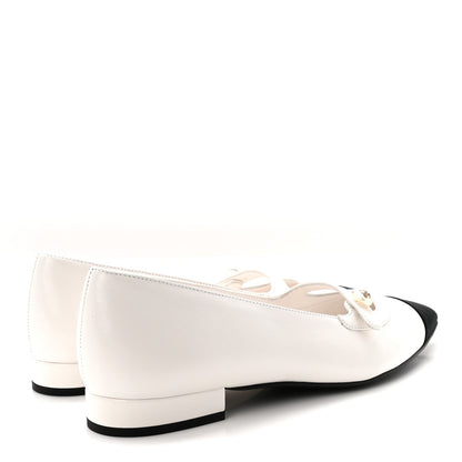 Shiny Lambskin Grosgrain Pearl Mary Janes Flats 37.5 White Black