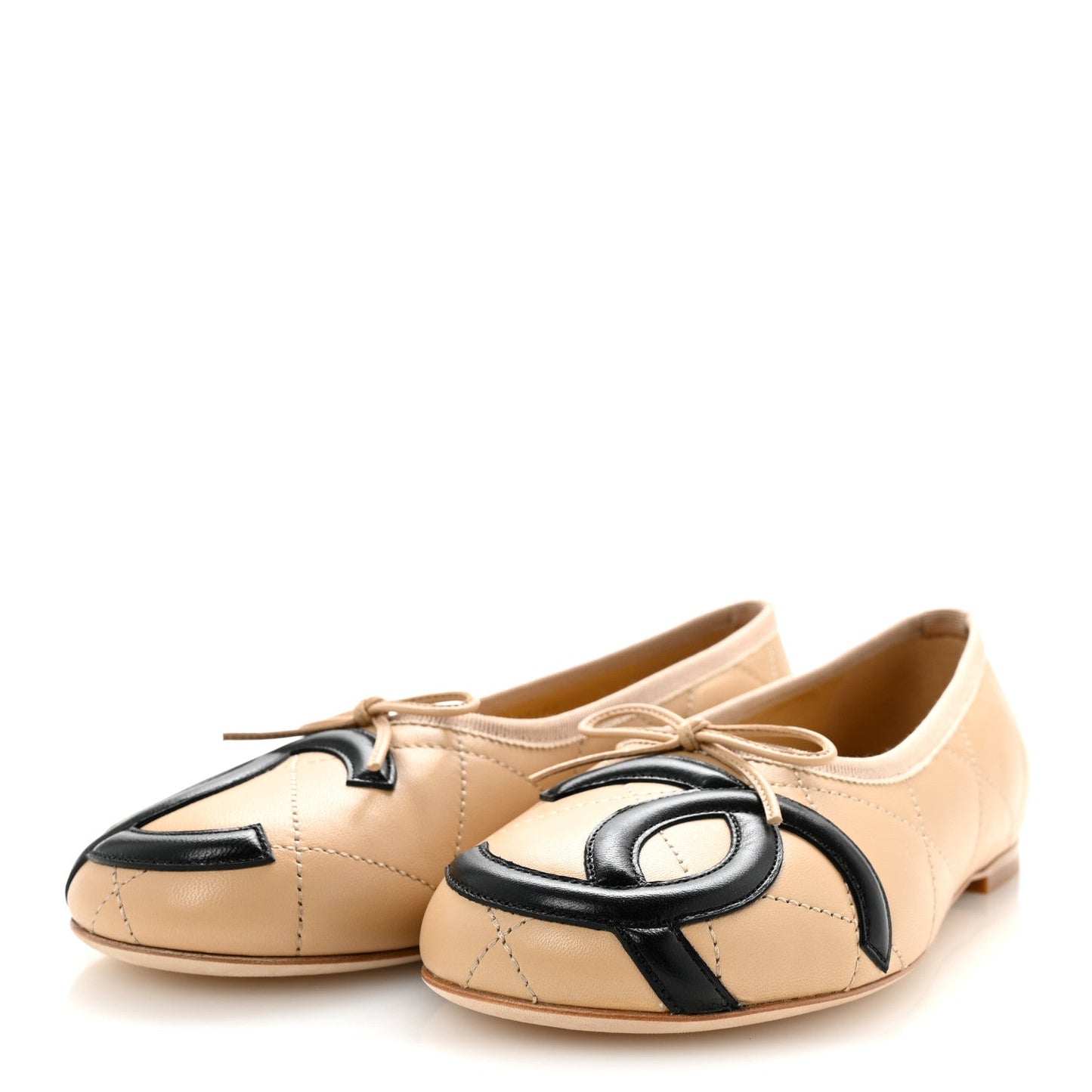 Lambskin Quilted CC Cambon Ballet Flats 38 Beige Black