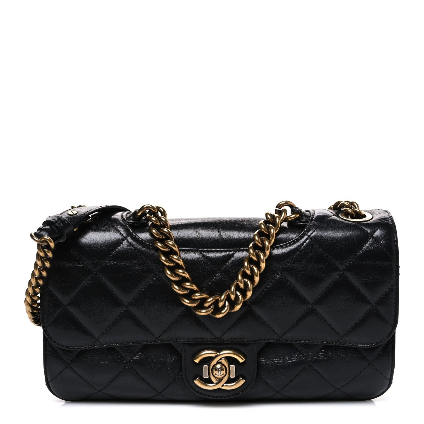 Glazed Calfskin Quilted Medium Perfect Edge Flap Black