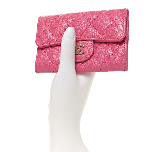 Caviar Quilted Flap Card Holder Wallet Pink