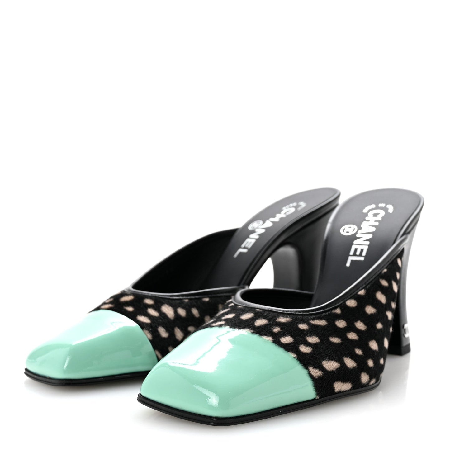 Pony Hair Lambskin Patent Calfskin Cap Toe Mules 39 Black White Green