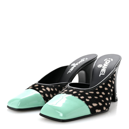 Pony Hair Lambskin Patent Calfskin Cap Toe Mules 39 Black White Green